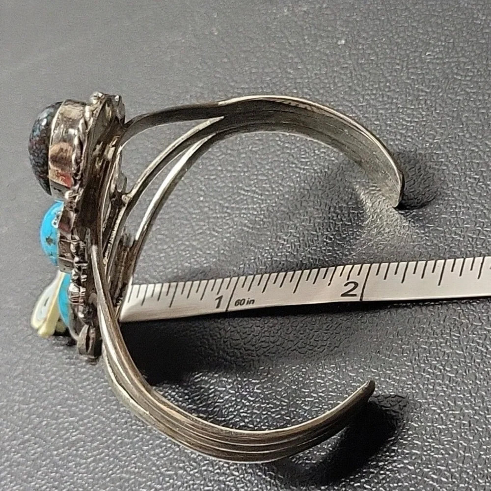 Native American Large Sterling Silver Triple Turquoise Stone Cuff Bracelet ... - Picture 11 of 14